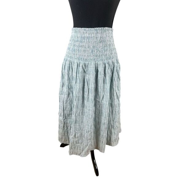 Maeve Anthropologie XL Karyn smocked midi skirt blue white textured cotton - Picture 2 of 8